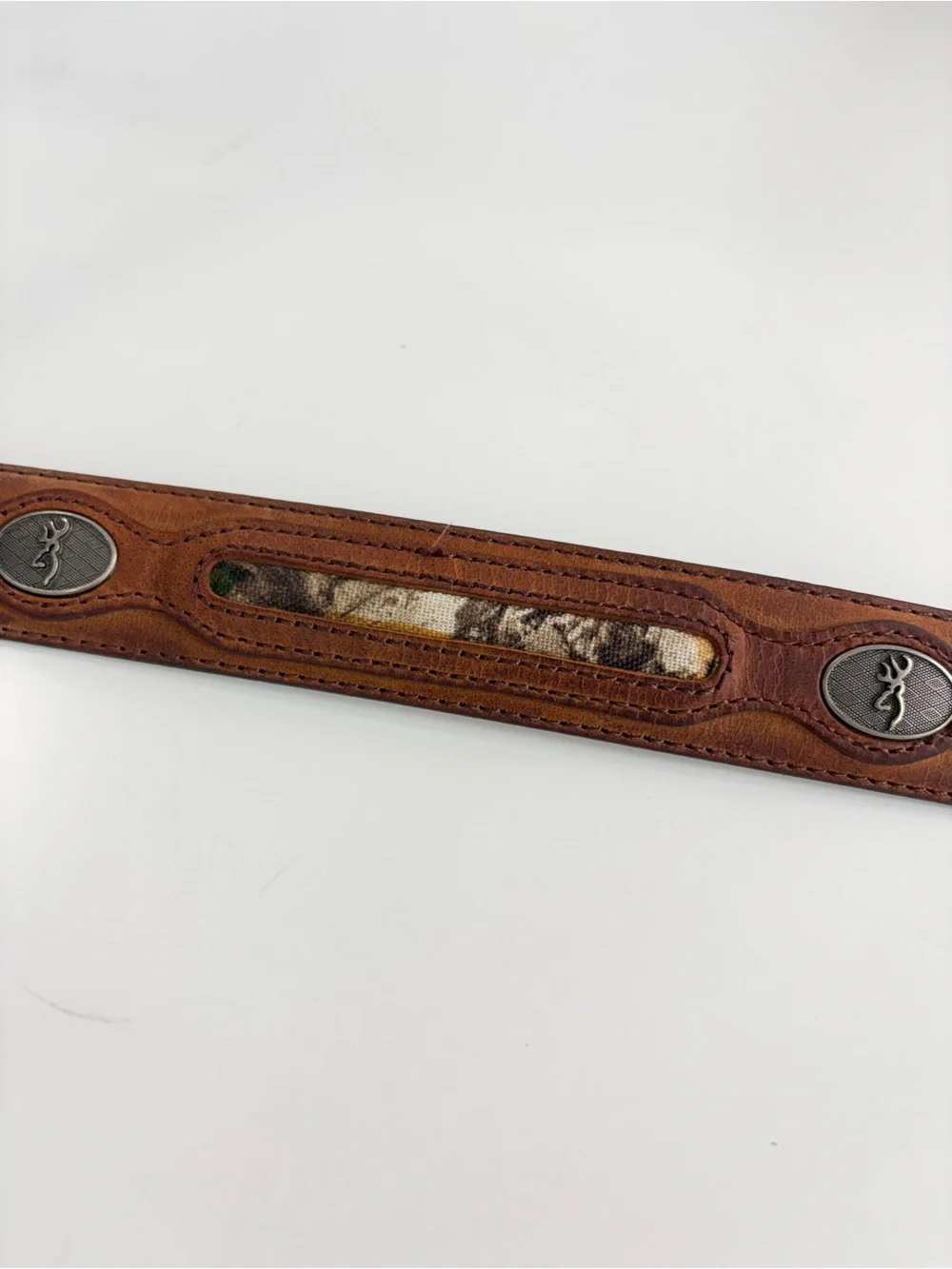 Vintage Browning brown leather belt textile green camo inlay silver logo sz 38